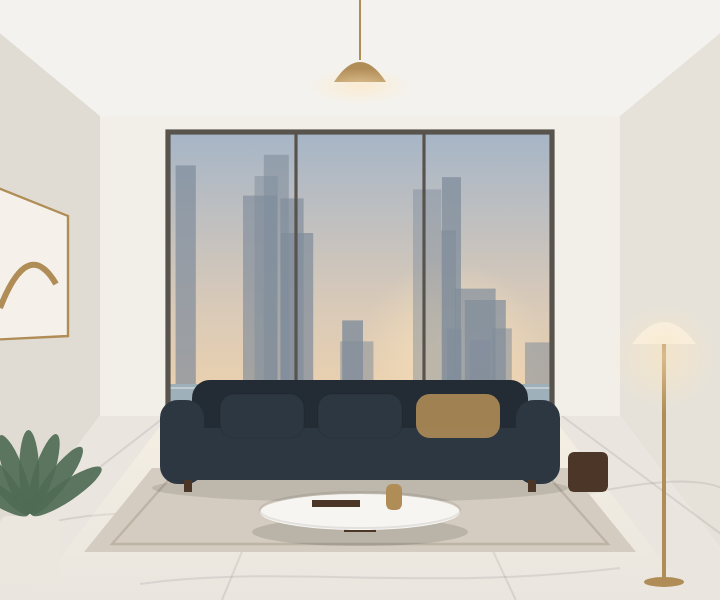 Landing page hero image of a furnished living room
