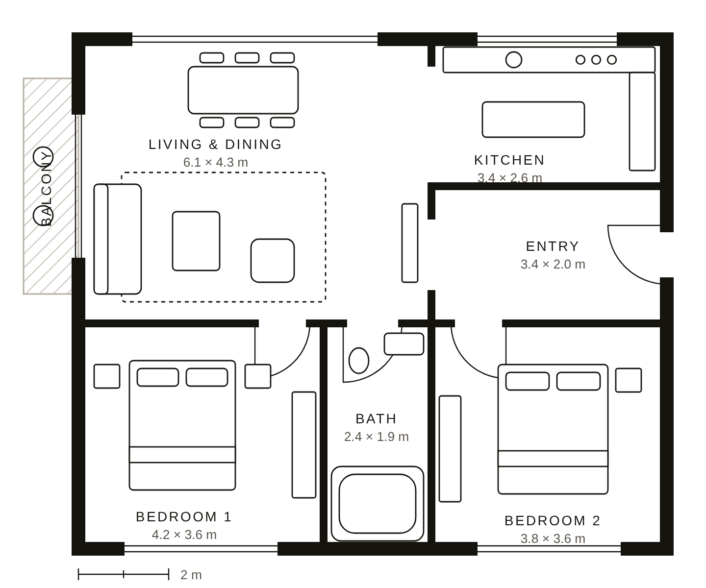 2D floor plan of a two-bedroom apartment with room sizes