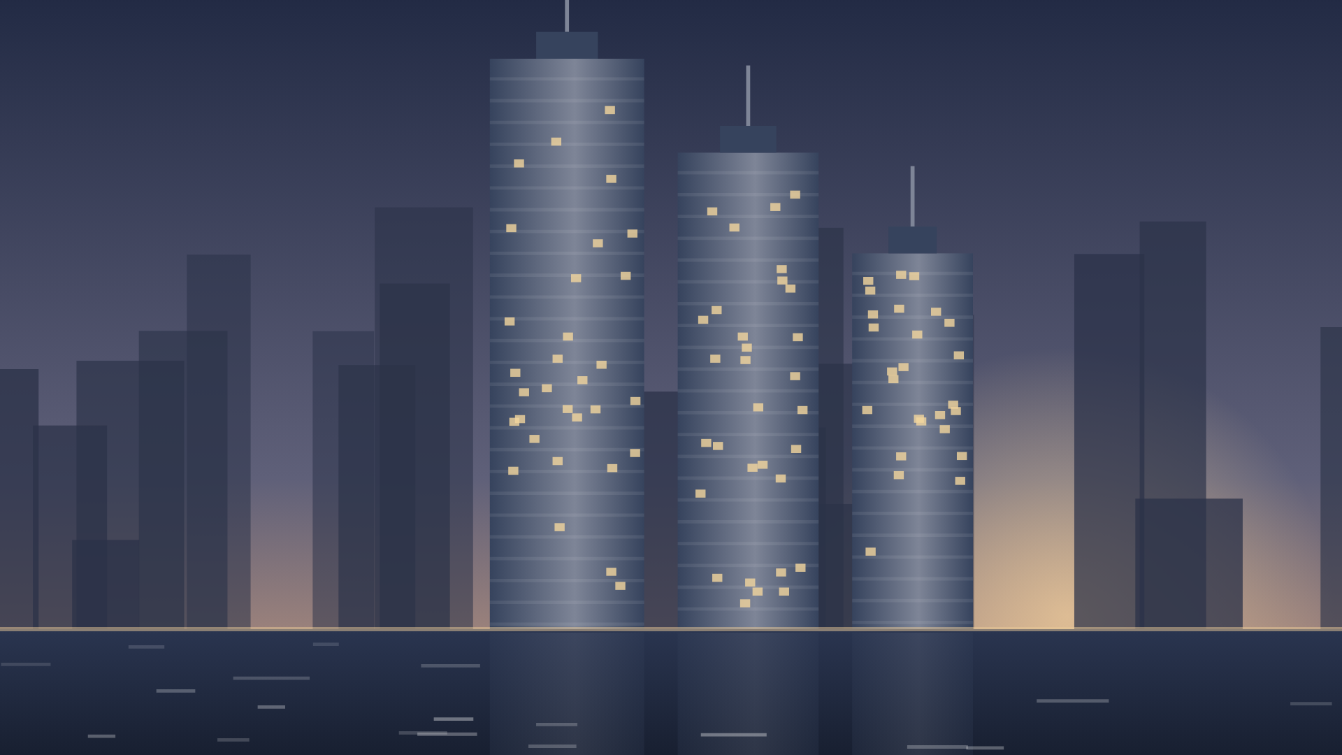 Video frame of the Marina towers at dusk